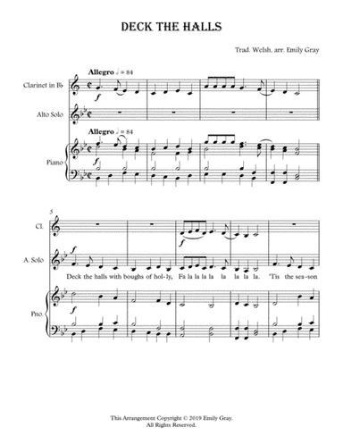Deck The Halls (Alto Voice, Clarinet, Piano) (arr. Emily Gray)