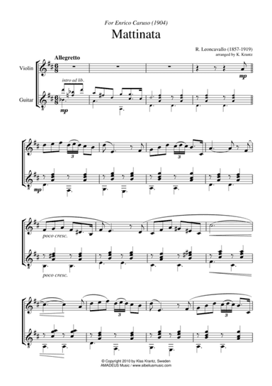 Mattinata (D Major) for violin and guitar (arr. Amadeus Music)