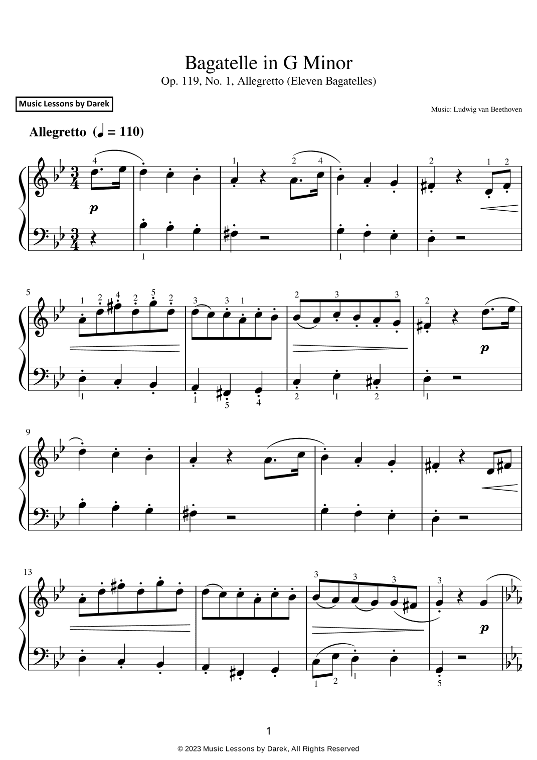 Bagatelle in G Minor (EASY PIANO) Op. 119, No. 1, Allegretto (Eleven Bagatelles) [Beethoven] (arr. Darek)