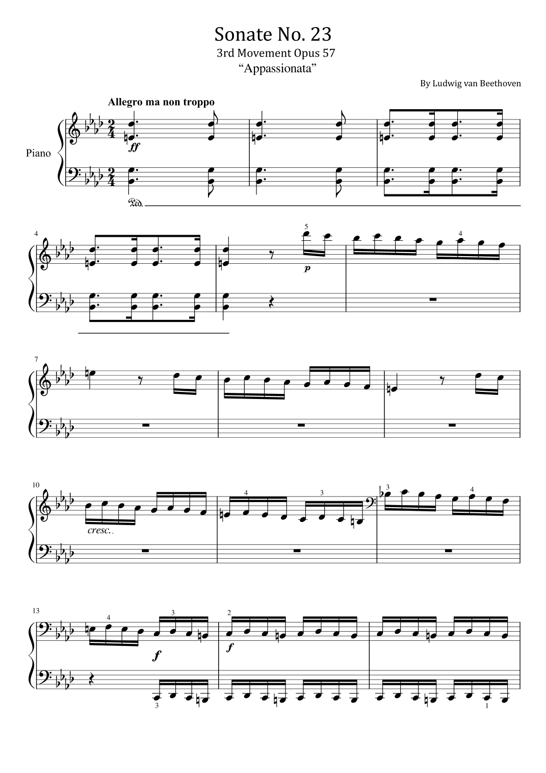 Beethoven Sonate No. 23 - “Appassionata” - 3rd Movement, Op. 57 - Original With Fingered (arr. poon)