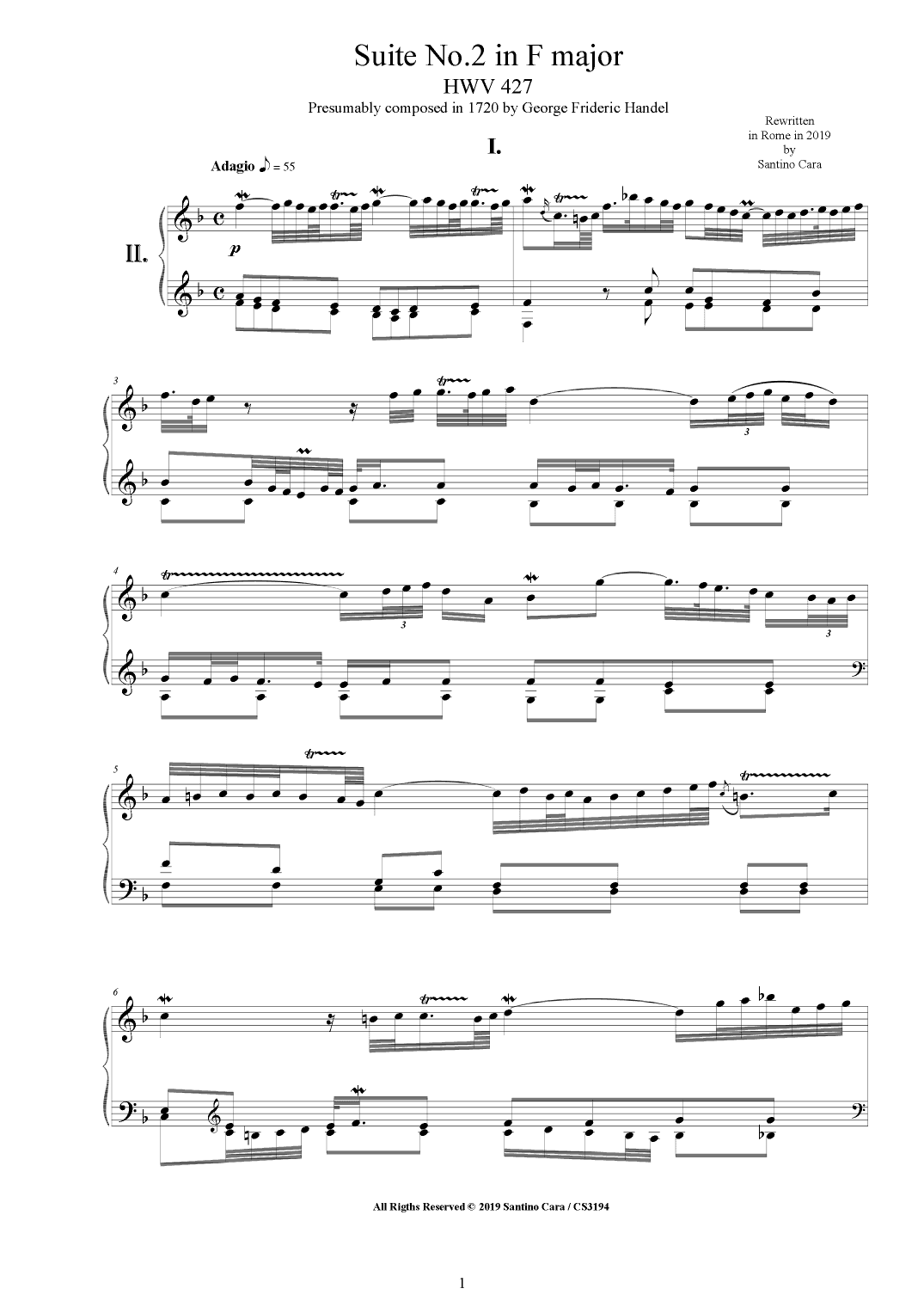 Handel - Piano Suite No.2 in F major HWV 427 (arr. Santino Cara)