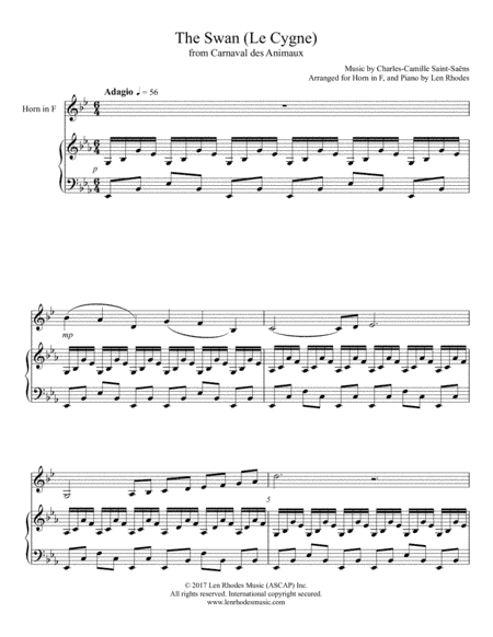The Swan (Carnival of the Animals) - Charles-Camille Saint-Saëns for Horn in F, and Piano (arr. Len Rhodes)