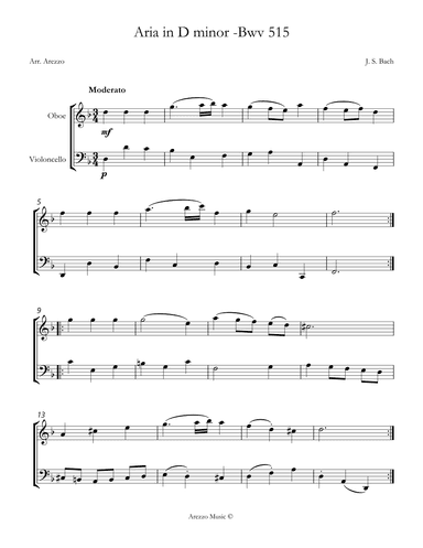 aria bwv 515 for oboe and cello sheet music (arr. Arezzo Music)