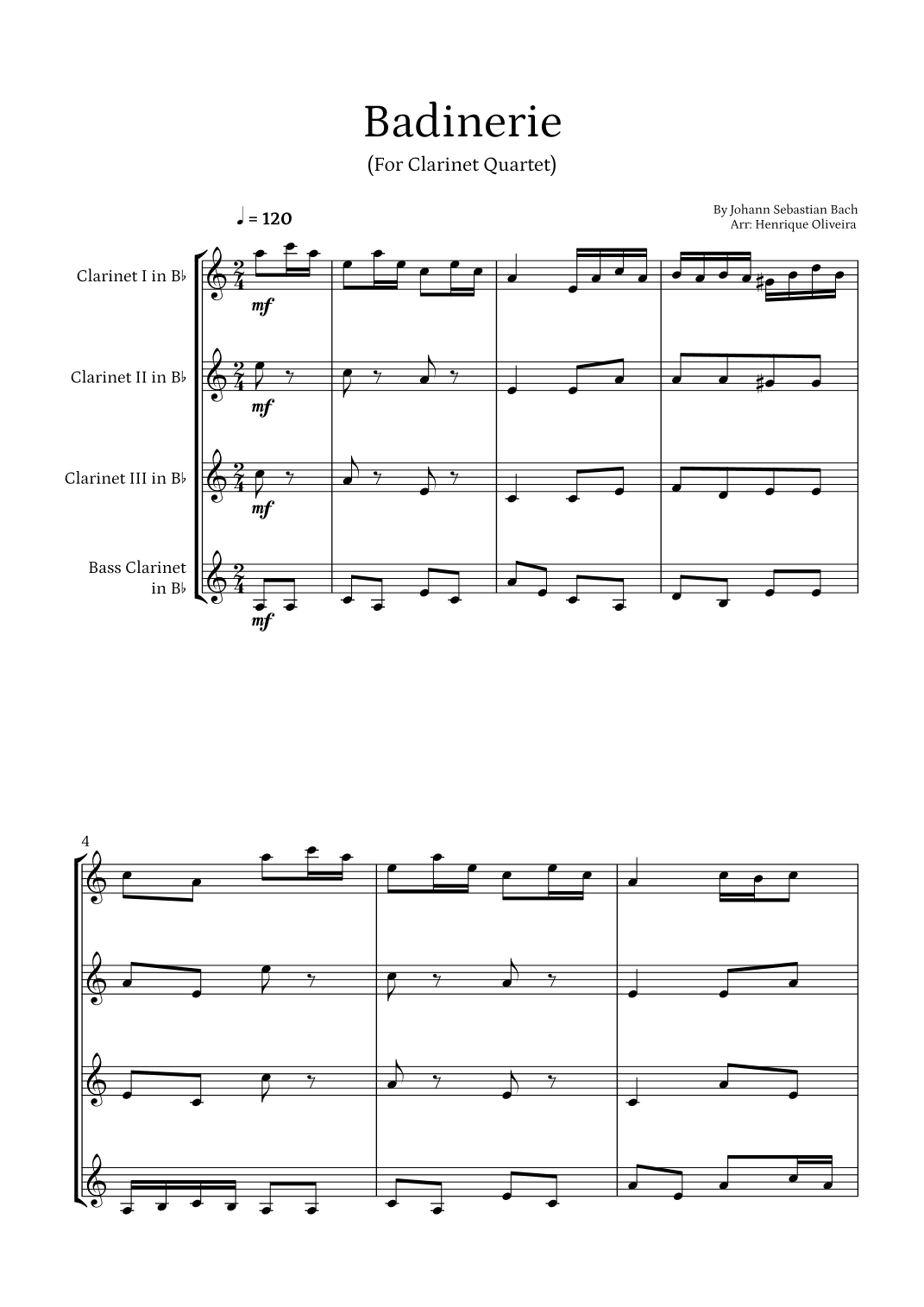 Badinerie by J. S. Bach (For Clarinet Quartet) (arr. Henrique Oliveira)