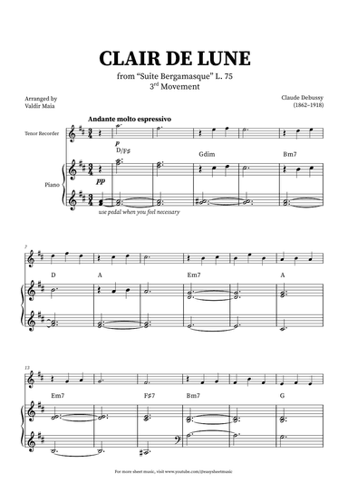 Clair de Lune - Tenor Recorder and Piano + CHORDS (arr. Valdir Maia)