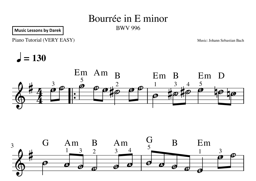 Bourrée in E minor (VERY EASY PIANO) BWV 996 [Johann Sebastian Bach] (arr. Darek)
