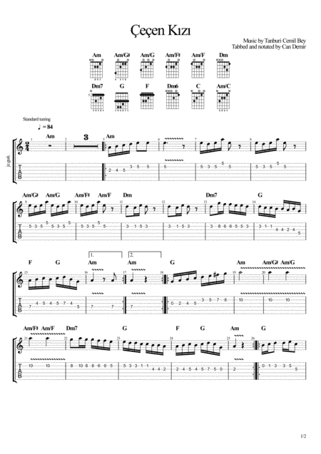 Çeçen Kizi by Tanburi Cemil Bey (guitar tablature and score) (arr. Can Demir)