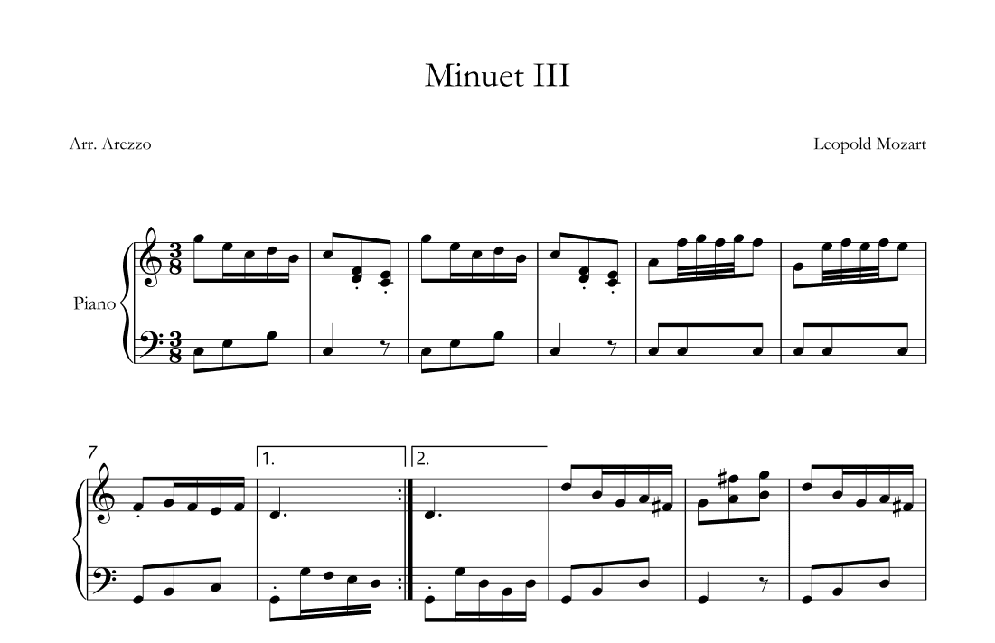 Minuet III - notebook for wolfgang Piano Sheet Music - leopold mozart (arr. Arezzo Music)