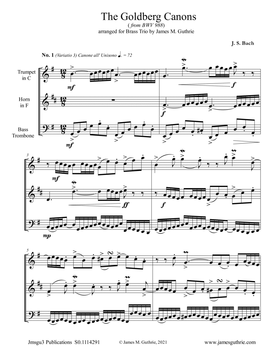 BACH: The Goldberg Canons from BWV 988 for Brass Trio (arr. James M. Guthrie)