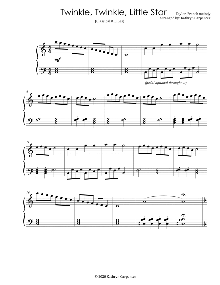 Twinkle, Twinkle Little Star (Intermediate Piano, Level 3) (arr. Kathryn Carpenter)