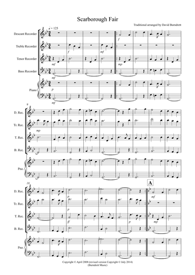 Scarborough Fair for Recorder Quartet (arr. David Burndrett)