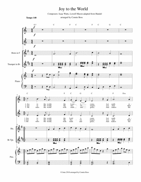 Joy to the World - duet and piano with optional instruments included (arr. Connie Boss)