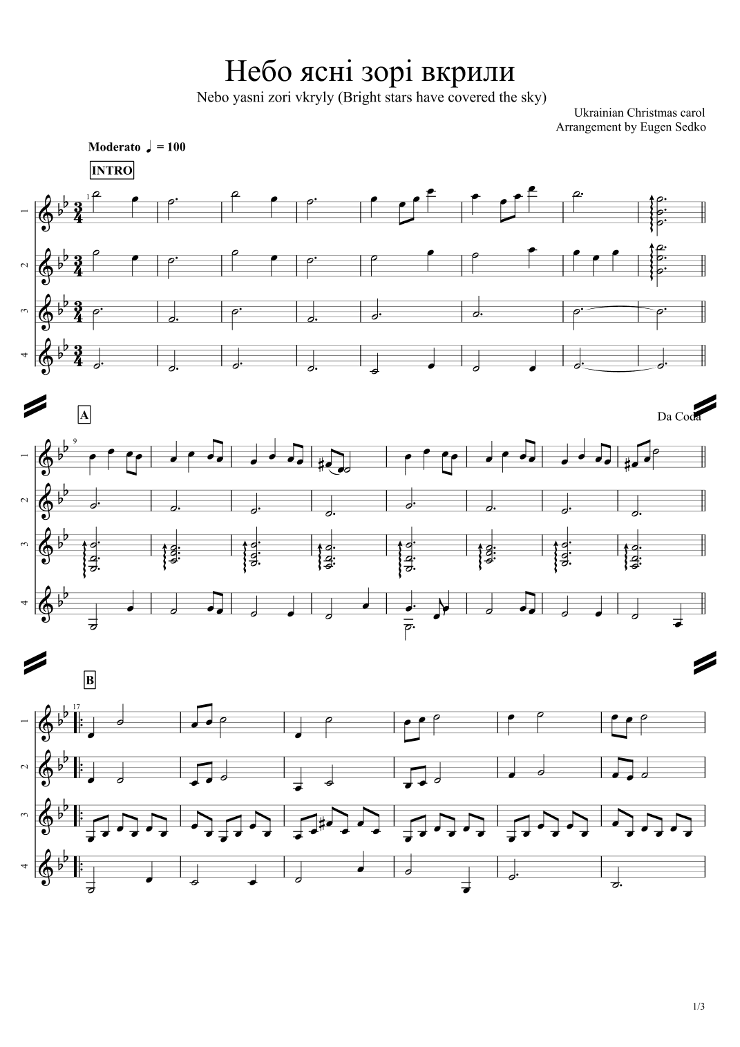 Nebo yasni zori vkryly Ukrainian Christmas carol for mandolin quartet - Score Only (arr. Eugen Sedko)