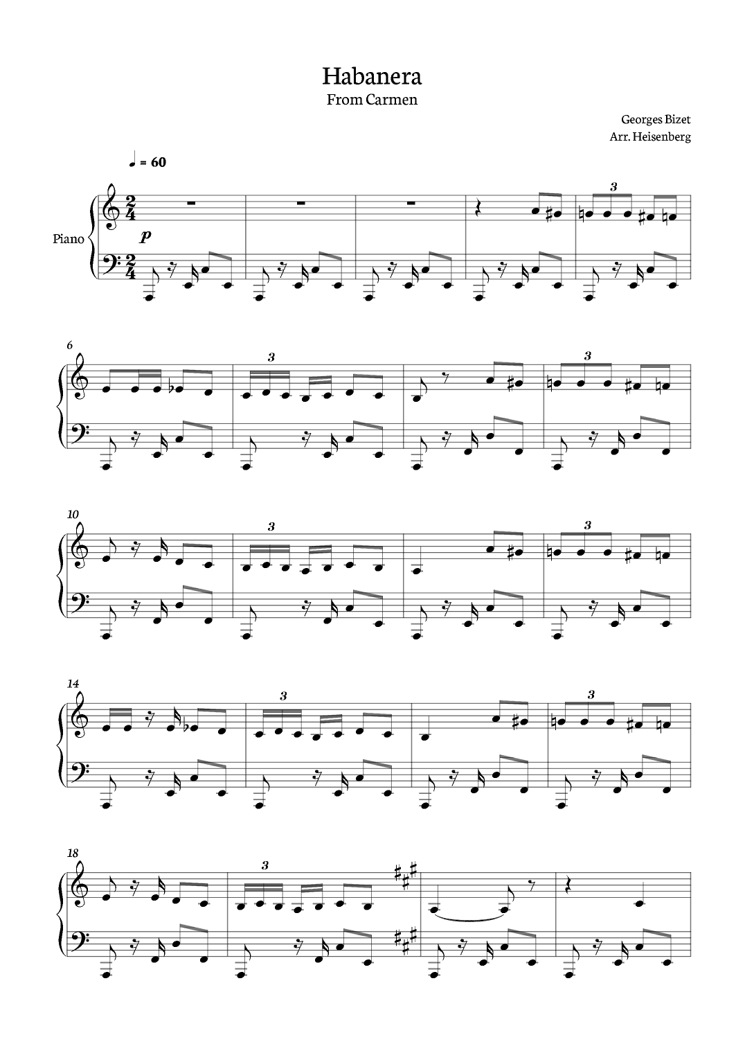 Habanera from Carmen for Piano with chords. (arr. Heisenberg)