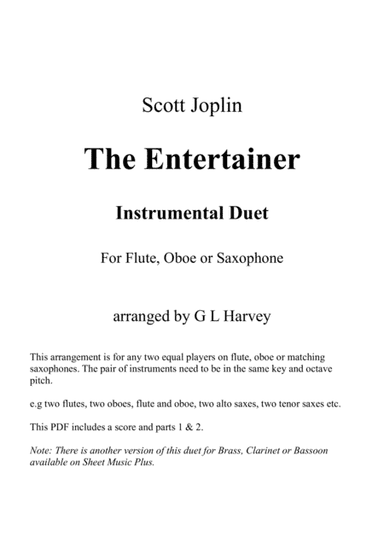 The Entertainer (Flute, Oboe or Saxophone Duet) (arr. G L Harvey)