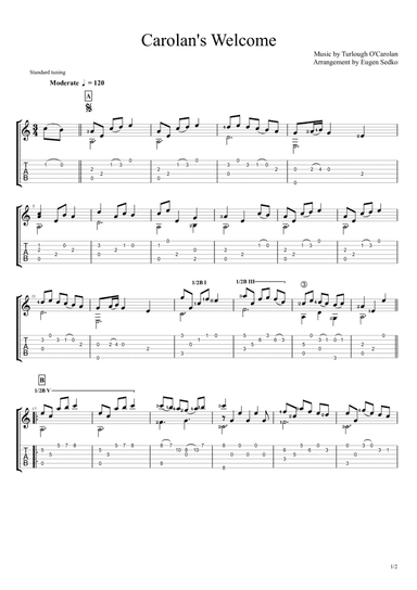Carolan's Welcome (Irish theme) guitar arrangement, notes & tabs (arr. Eugen Sedko)
