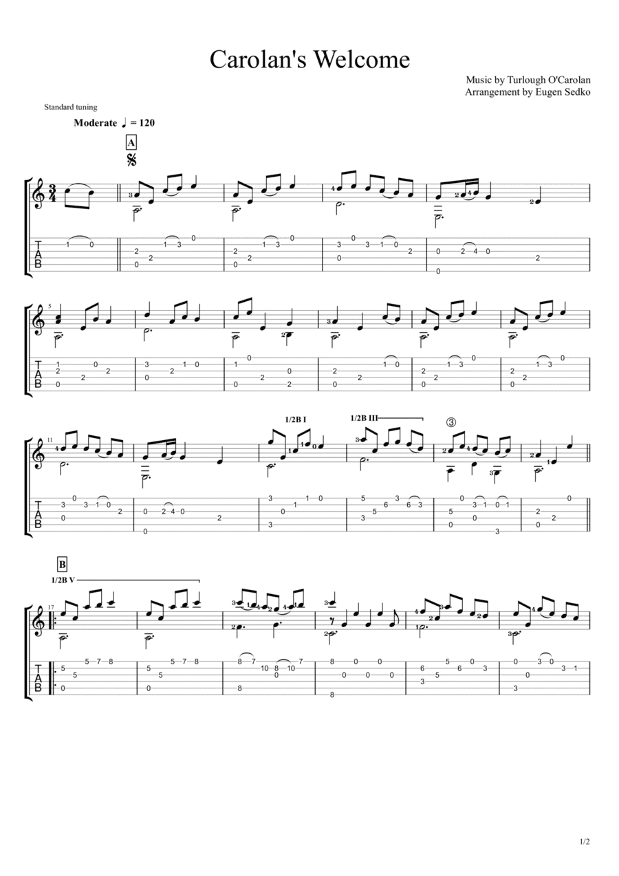 Carolan's Welcome (Irish theme) guitar arrangement, notes & tabs (arr. Eugen Sedko)