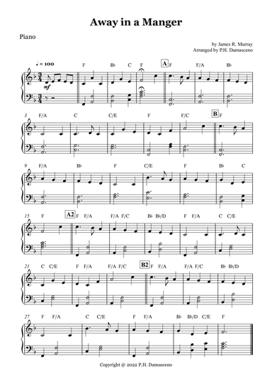 Away in a Manger - Easy Piano Solo with Chords (arr. Arranged by P.H. Damasceno)
