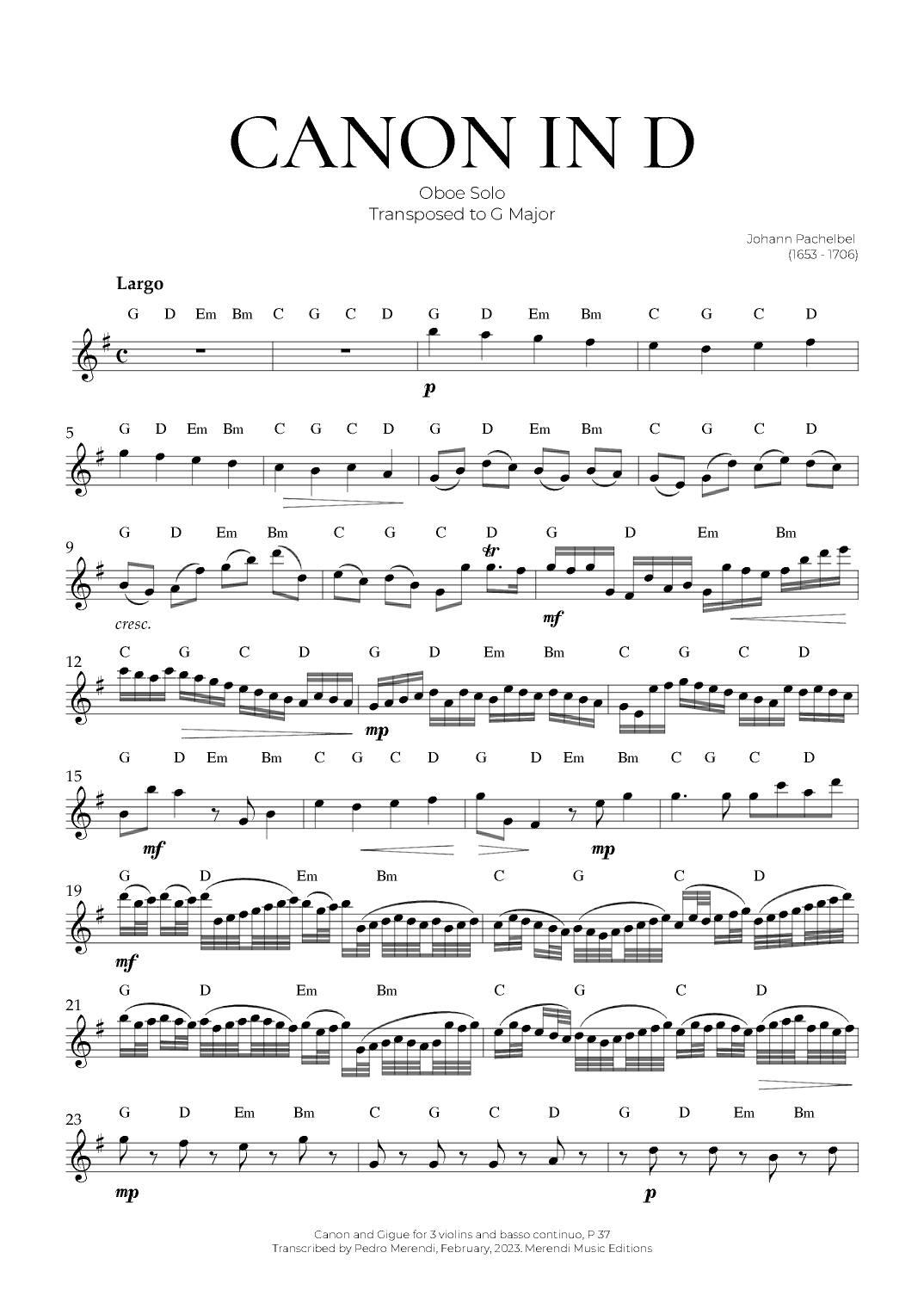 Canon in D (Oboe Solo) - Johann Pachelbel (arr. Pedro Merendi)