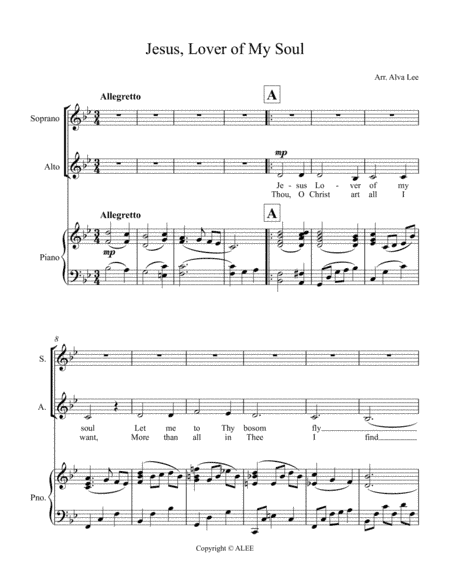 Jesus Lover of My Soul Score (arr. anymous, transcribed and arranged by Alva Lee)