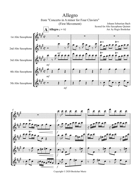 Allegro (from "Concerto for Four Claviers") (A min) (Alto Saxophone Quintet) (arr. Regis Bookshar)