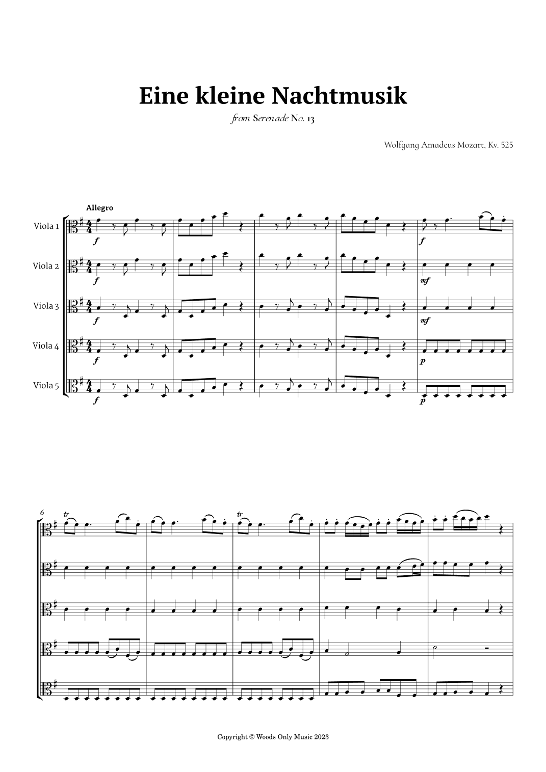 Eine kleine Nachtmusik by Mozart for Viola Quintet (arr. Ander)