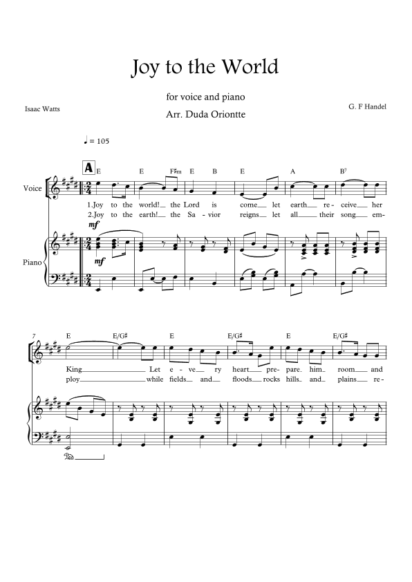 Joy to the World (E major - one voice - with chords) (arr. Duda Oriontte)