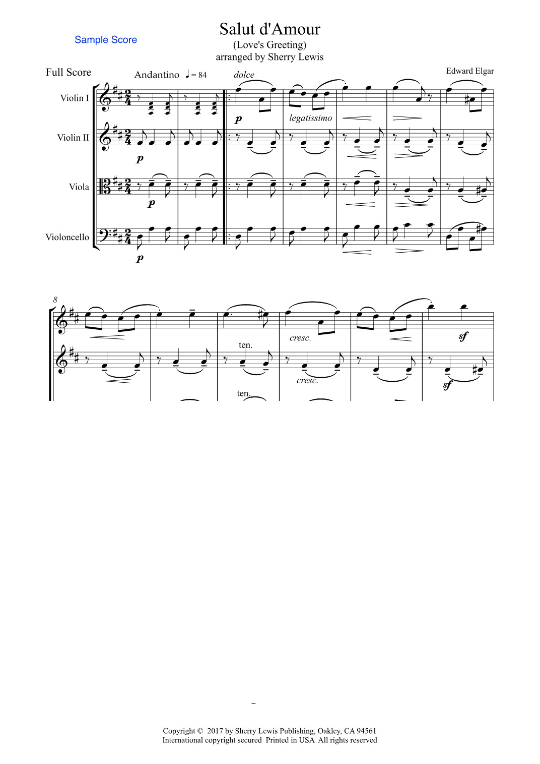 SALUT D'AMOUR String Quartet, Intermediate Level for 2 violins, viola and cello (arr. Sherry Lewis Publishing)