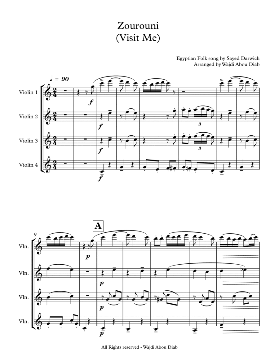 Zourouni (Arabic Song) - Violin Quartet (arr. Wajdi Abou Diab)
