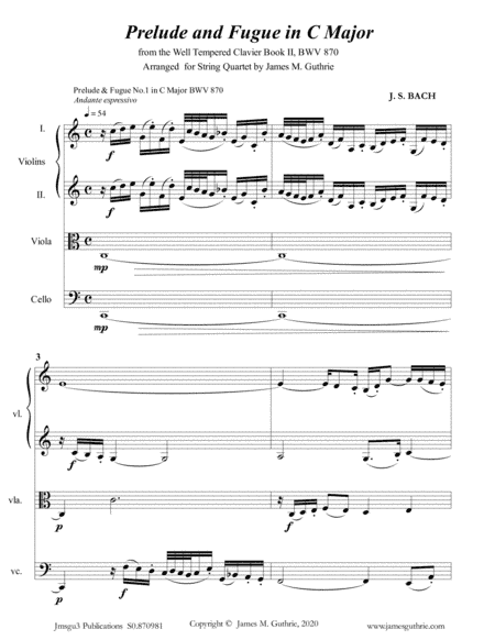 BACH: Prelude & Fugue No. 1 in C Major, BWV 870 for String Quartet (arr. James M. Guthrie)