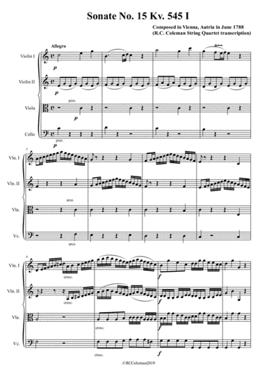 Mozart Sonata kv. 545 for String quartet (arr. R. C. Coleman)