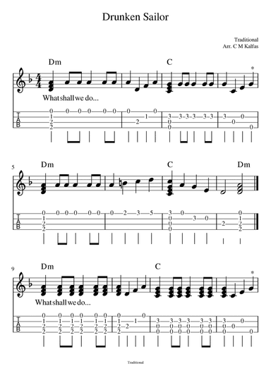 Drunken Sailor - ukulele tab with chords (arr. Christy Kalfas)