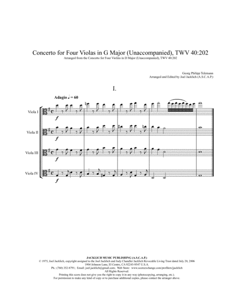Concerto No. 2 in G Major for Four Violas Unaccompanied TWV40:202 (arr. Joel Jacklich (ASCAP))