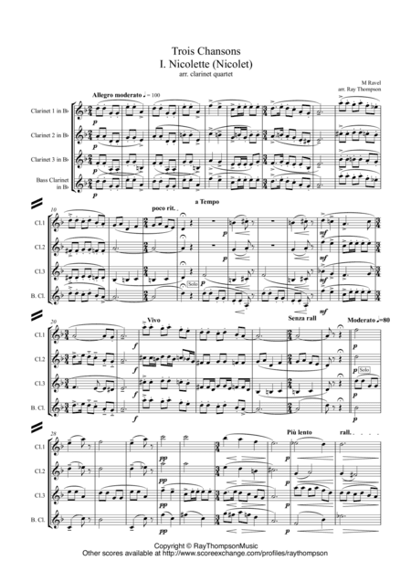 Ravel: Trois Chansons (Three Songs) (includes Three Lovely Birds of Paradise) - clarinet quartet (arr. Ray Thompson)
