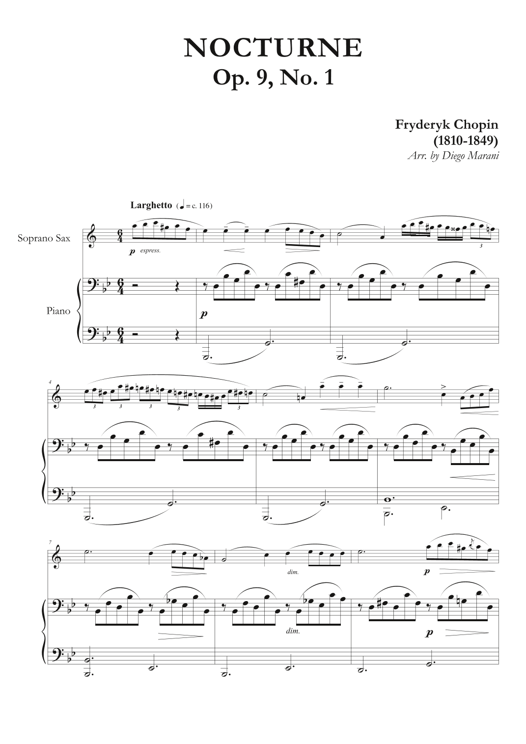 Nocturne Op. 9, No. 1 for Soprano Saxophone and Piano (arr. Diego Marani)