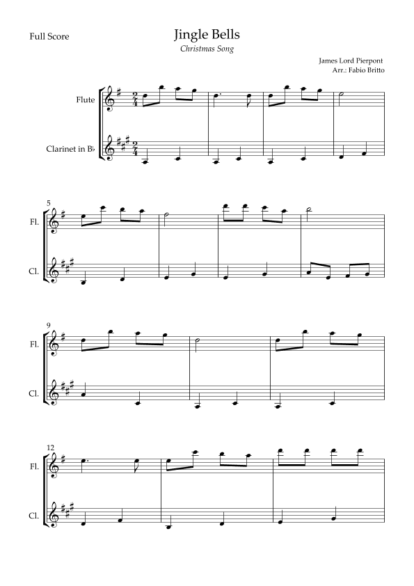 Jingle Bells (Christmas Song) for Flute &  Clarinet in Bb Duo (arr. Fabio Britto)
