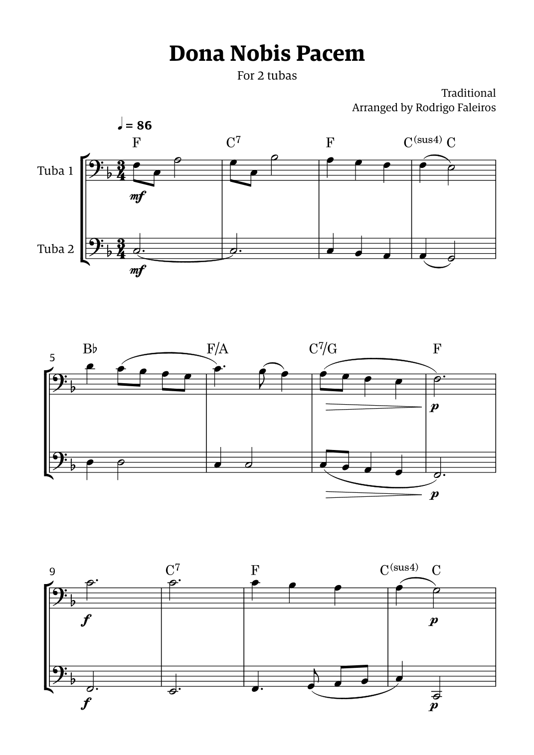 Dona Nobis Pacem - for 2 tubas (with chords) (arr. Rodrigo Faleiros)