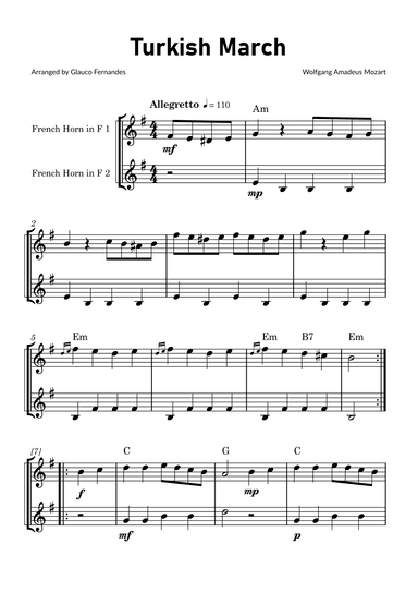 Turkish March by Mozart - French Horn Duet with Chord Notations (arr. Glauco Fernandes)