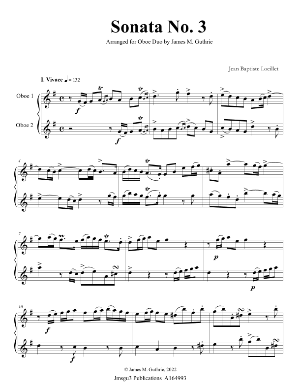 Loeillet: Sonata No. 3 for Oboe Duo (arr. James M. Guthrie)