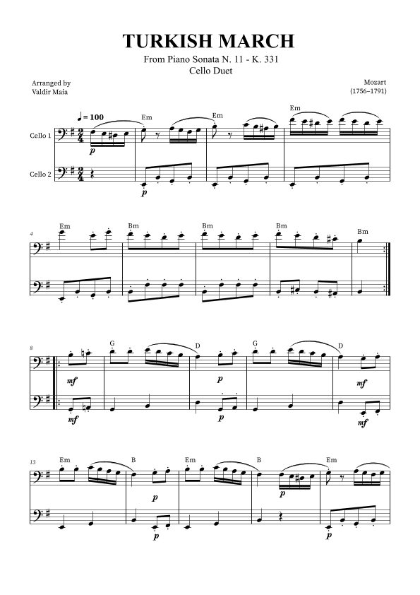 Turkish March - Cello Duet (with chords) (arr. Valdir Maia)
