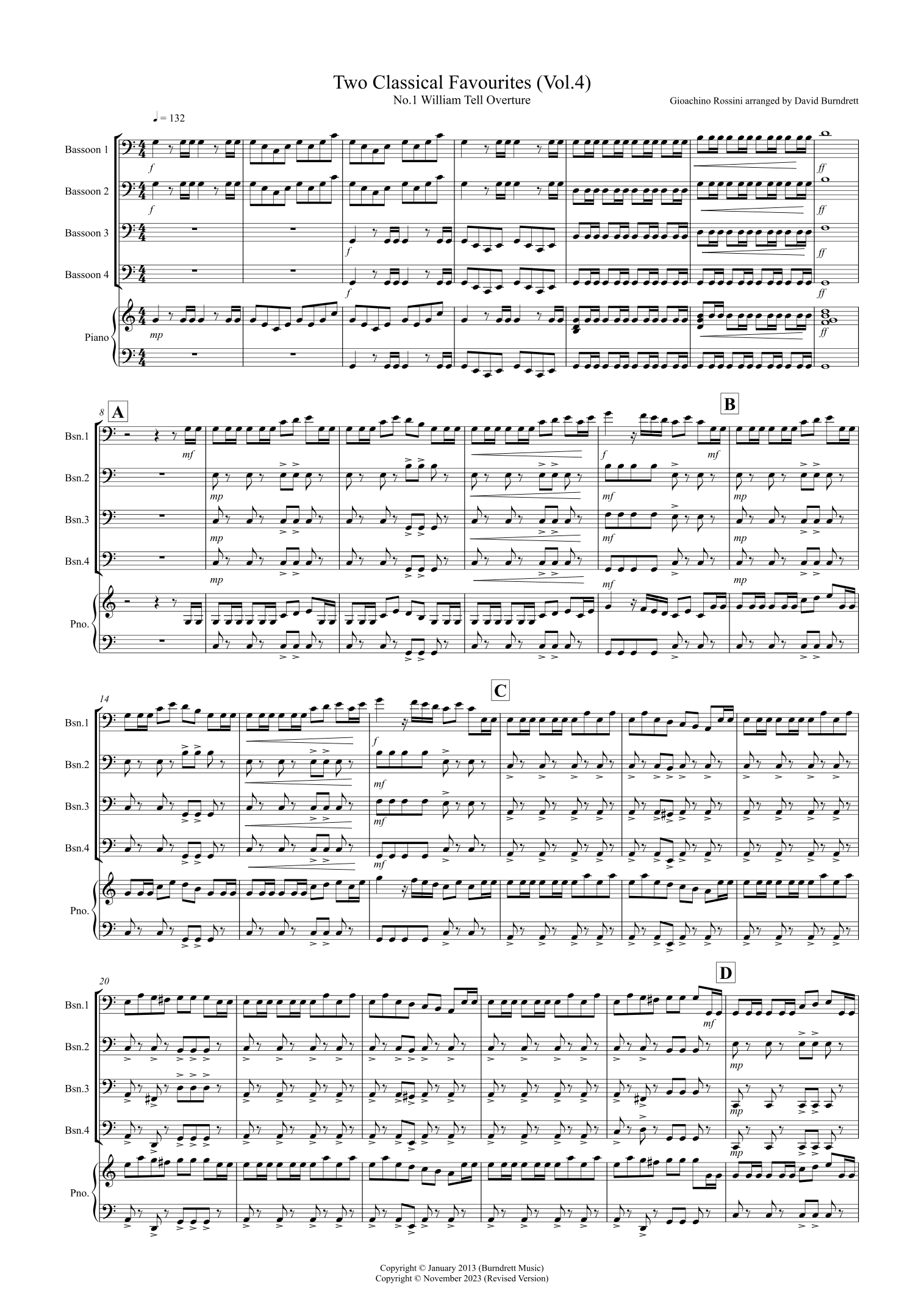 2 Classical Favourites for Bassoon Quartet (volume four) (arr. David Burndrett)