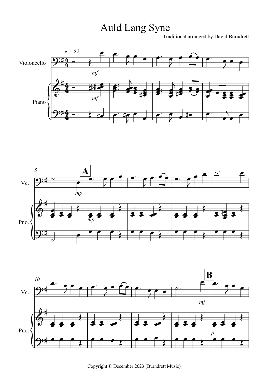 Auld Lang Syne for Cello and Piano (arr. David Burndrett)