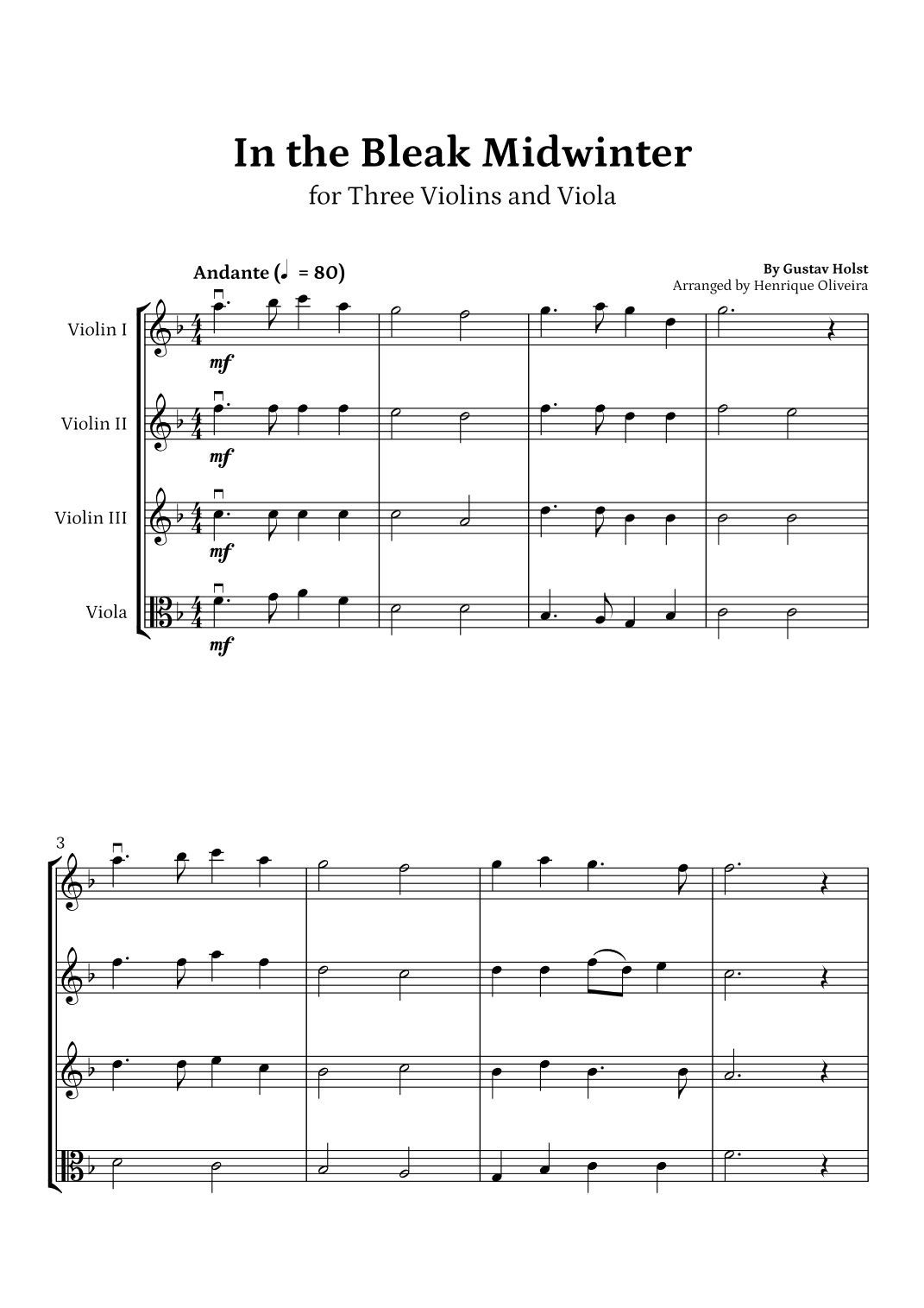 In the Bleak Midwinter (Three Violins and Viola) - Intermediate Level (arr. Henrique Oliveira)