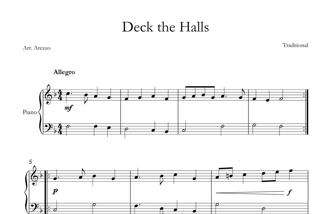 deck the halls for piano sheet music (arr. Arezzo Music)