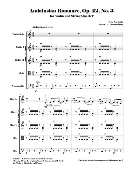 Sarasate - Andalusian Romance, Op. 22, No. 3 - Arrangement for Violin and String Quartet (SCORE AND (arr. C. A. Orozco-Diaz)