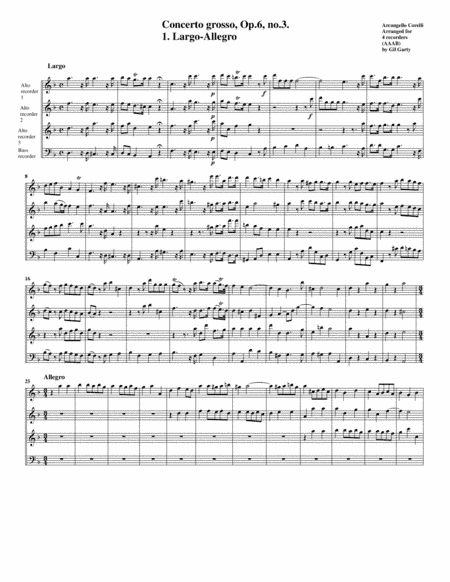 Concerto grosso Op.6, no.3 (arrangement for 4 recorders) (arr. Gil Garty)