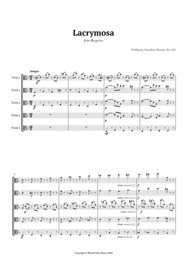 Lacrymosa by Mozart for Viola Quintet (arr. Ander)