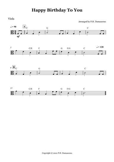 Happy Birthday To You - Viola Solo with Chords (arr. P.H. Damasceno)
