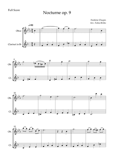 Nocturne Op.9 No. 2 (Frédéric Chopin) for Oboe & Clarinet in Bb Duo (arr. Fabio Britto)