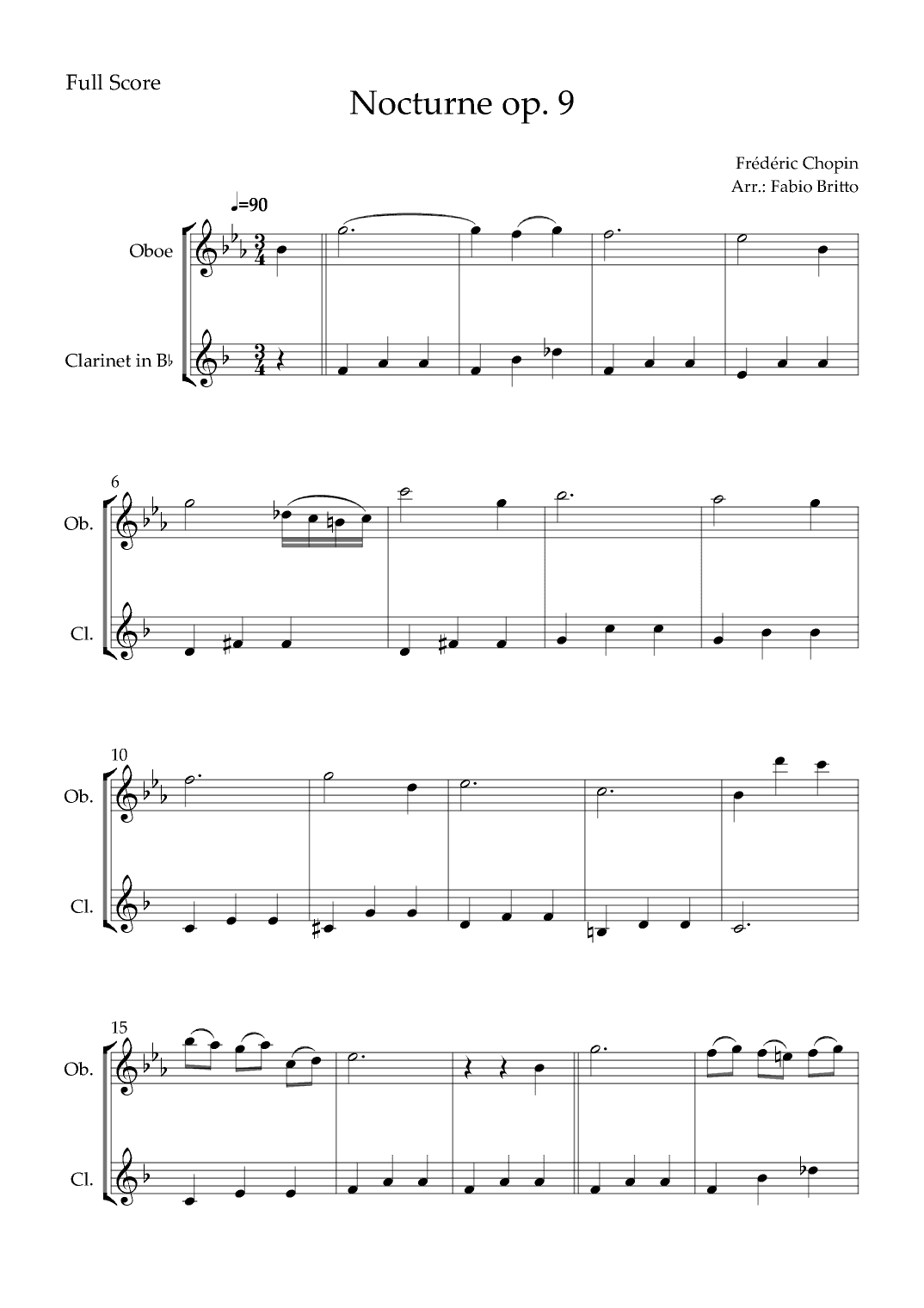 Nocturne Op.9 No. 2 (Frédéric Chopin) for Oboe & Clarinet in Bb Duo (arr. Fabio Britto)